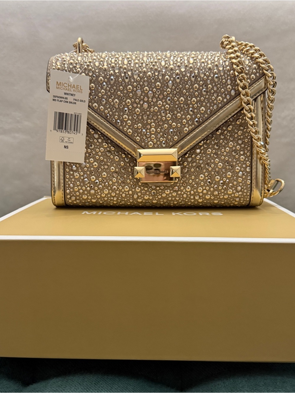 Michael Kors Whitney Women Medium Embellished Metallic Shoulder Bag Pale Gold